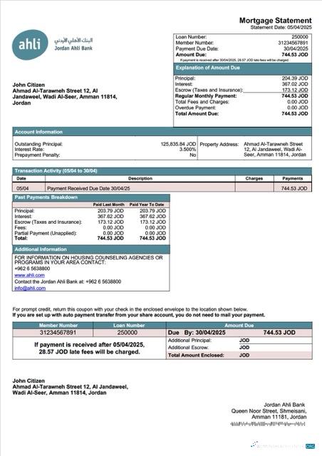 Download Jordan Ahli Bank mortgage statement Word and PDF template Photoshop template